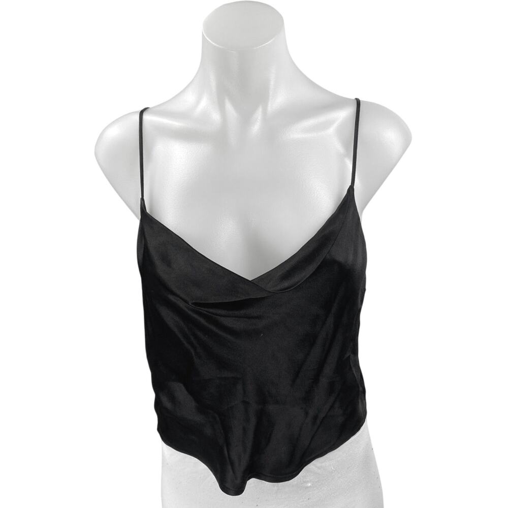 Zara Womens Black Silky Satin Sleeveless Cami Camisole Cowl Neck Crop Tank Top M